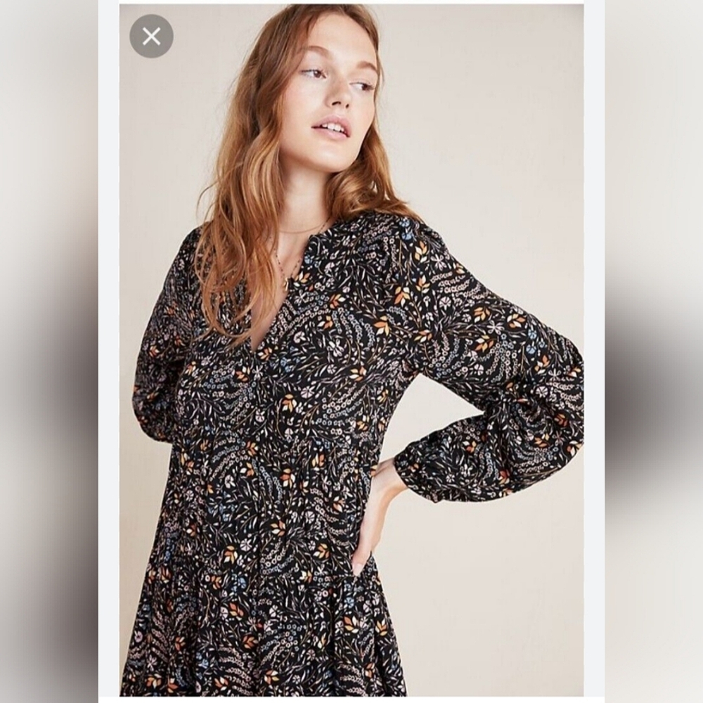 Maeve by Anthropologie Black Floral A-line Long Sleeve Mini Dress XL